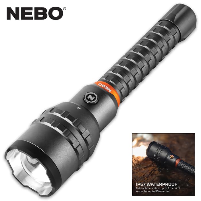 The flashlight weighs-in at 2 lbs, is 11” in overall length with a 1 3/4” diameter barrel and it features a lanyard