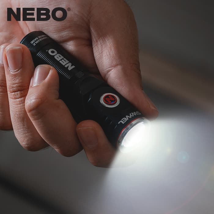 The NEBO Rechargeable Swyvel Flashlight is a versatile flashlight that features Smart Power Control, which smoothly transitions the five light modes