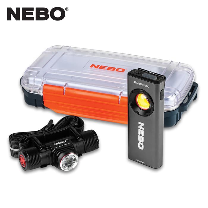 All the pieces of the NEBO Worklight and Headlamp Set shown