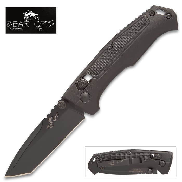 The Bear Ops Mini Rancor IV Tanto Pocket Knife is a blacked-out, slide lock knife that promises incredible lockup and allows easy one-handed opening and closing