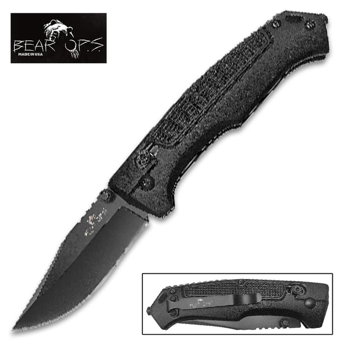 Bear OPS Rancor IV Clip Point Pocket Knife - Sandvik 14C28N Stainless Steel Blade, Aluminum Handles, Slide Lock - Closed 4 1/2”