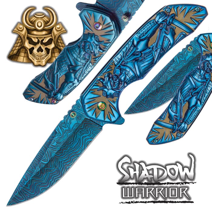 Shadow Warrior Assisted Opening Pocket Knife has a molded artwork blue handle and DamascTec steel blade.
