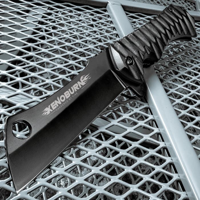 Xenoburn Assisted Opening Cleaver Pocket Knife - Black Titanium Coated Steel Blade, Textured TPU Handle, Pocket Clip, Lanyard Hole