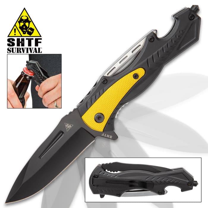 SHTF Yellow Jacket Assisted Opening Pocket Knife - Stainless Steel Titanium Coated Blade, Aluminum Handle, Window Breaker, Bottle Opener