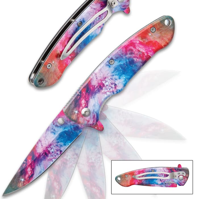 Cosmic Cloud Assisted Opening Pocket Knife - Stainless Steel Blade, Stainless Steel Handle, All-Over 3D Printed Artwork, Pocket Clip