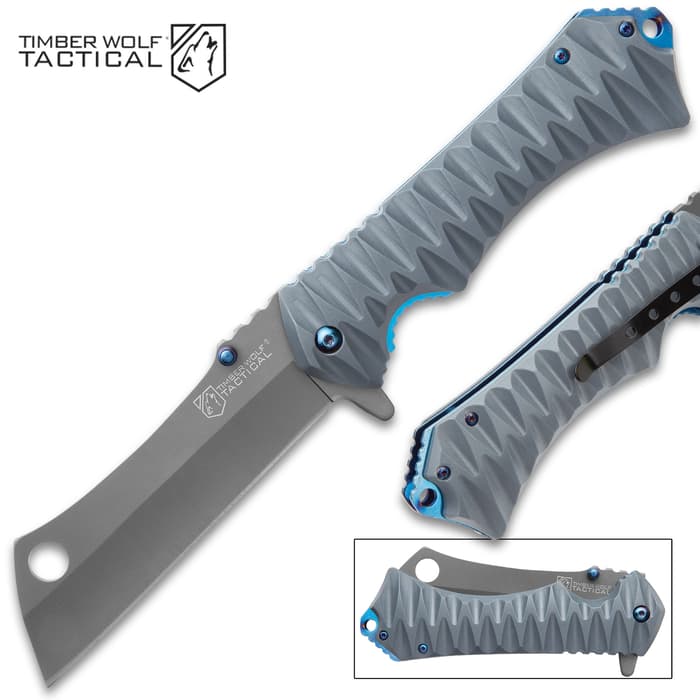 Timber Wolf Tactical Grey Assisted Opening Pocket Knife - Stainless Steel Blade, Ridged TPU Handle, Pocket Clip, Lanyard Hole