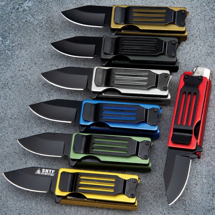 7 different colored (from top to bottom - gold, black, silver, blue, green, yellow, red) pocket knife/lighter combination with black pocket clip.
