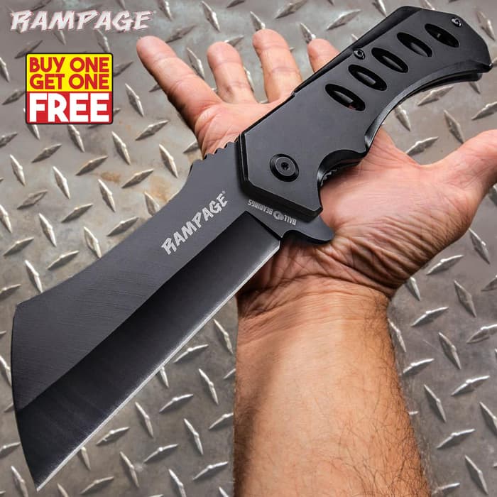 Rampage Black Cleaver Pocket Knife - Stainless Steel Blade, Ball Bearing Assisted Opening, Stainless Steel Handle - BOGO