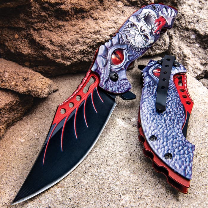 Screaming Skull And Dragon Assisted Opening Pocket Knife - Stainless Steel Blade, 3D Sculpted Aluminum Handle Scales, Pocket Clip
