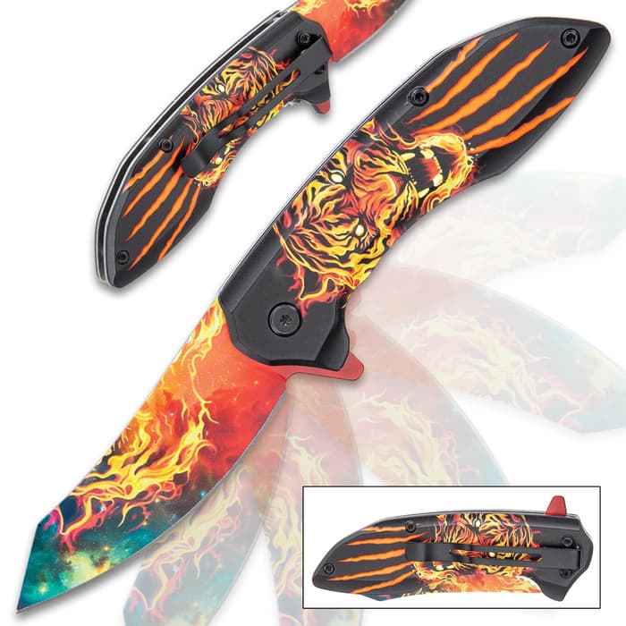 Blazing Tiger Assisted Opening Pocket Knife - Stainless Steel Blade, Vivid Artwork, Printed TPU Handle, Pocket Clip