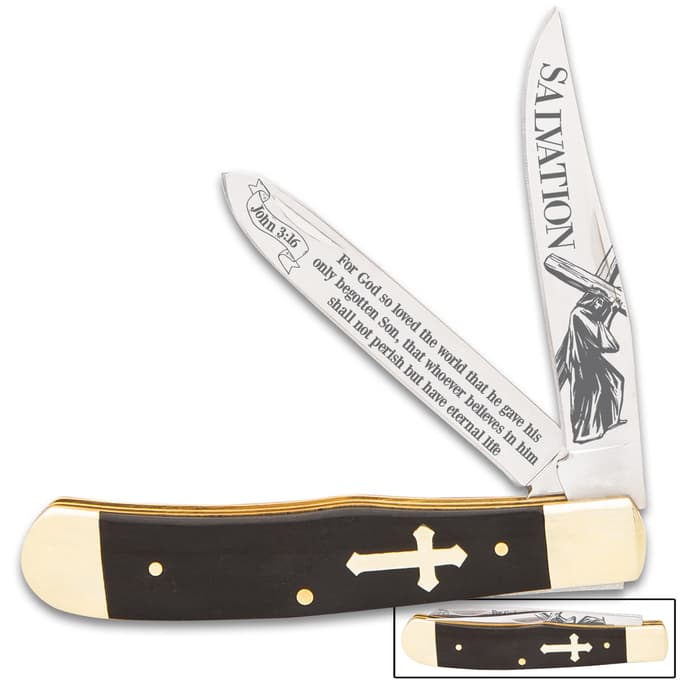 Salvation Trapper Pocket Knife – Stainless Steel Blades, Buffalo Horn Handle, Nickel Silver Bolsters, Stainless Steel Pins