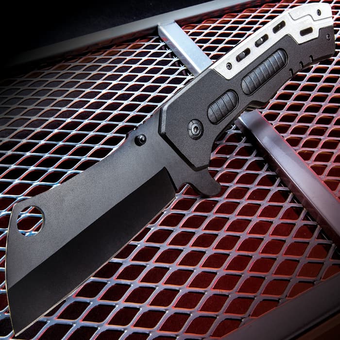 Goliath Cleaver Pocket Knife - Stainless Steel Blade, Non-Reflective Finish, Aluminum Handle, Pocket Clip - Length 9 1/2”