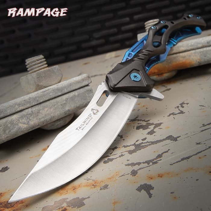 Rampage Blue Tailwind Ball Bearing Pocket Knife - Stainless Steel Blade, Aluminum And Steel Handle, Pocket Clip - 4 3/4” Closed