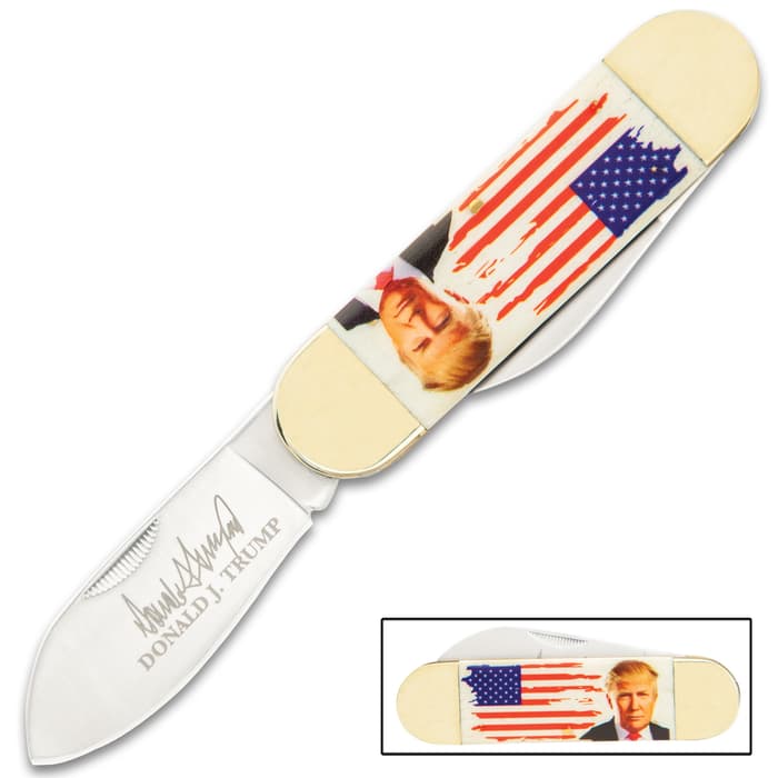President Trump Elephant Toe Pocket Knife - Stainless Steel Blades, Etched Signature, 3D-Printed Bone Handle, Nickel-Silver Bolsters