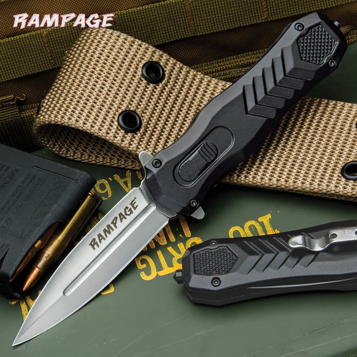 The Rampage Faux OTF Knife, when closed, gives the illusion of an OTF, complete with a molded faux trigger switch