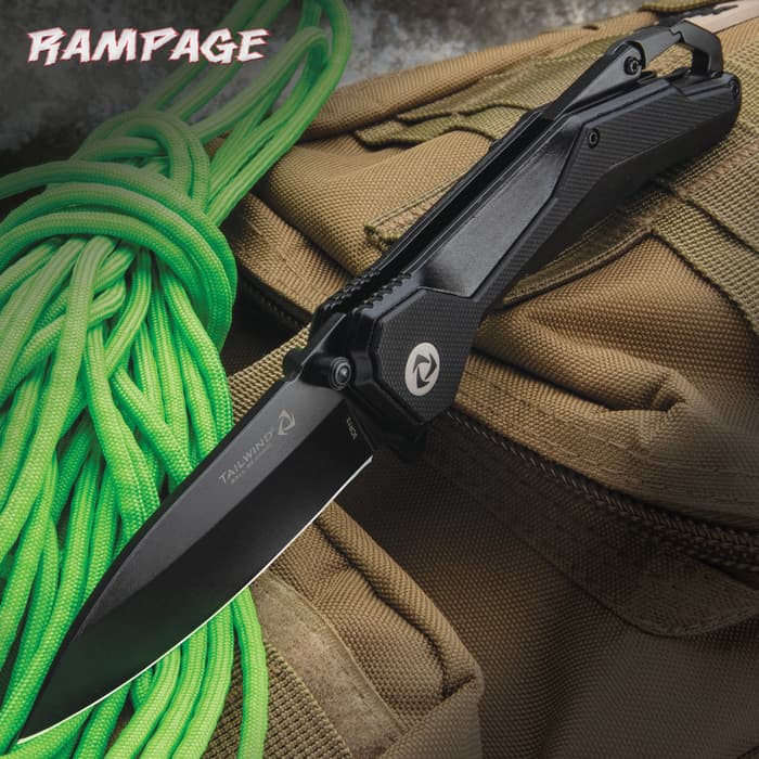 Rampage Tailwind Blackout Ball Bearing Pocket Knife - 3Cr13 Stainless Steel Blade, G10 And Steel Handle, Non-Reflective