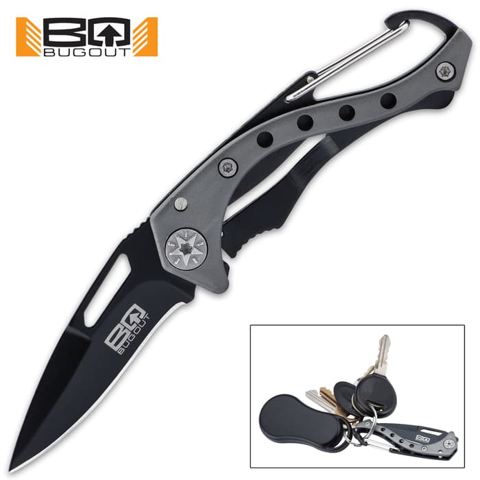 BugOut Grey Carabiner Pocket Knife - Stainless Steel Locking Blade, Cast Aluminum And TPU Handle - Length 4 3/4”