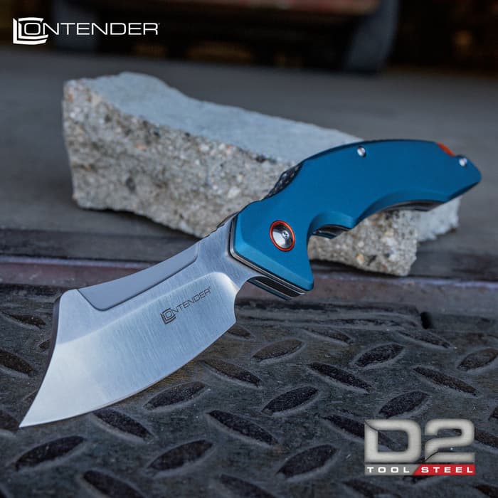 Contender Workman Blue Pocket Knife - D2 Tool Steel Blade, CNC Cut Aluminum Handle, Orange Backspacer With Lanyard Hole, Pocket Clip
