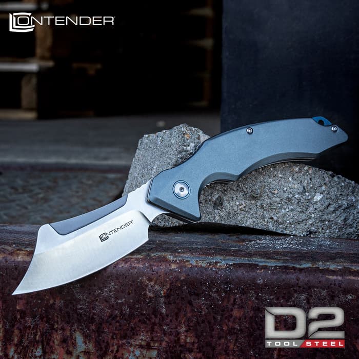Contender Workman Grey Pocket Knife - D2 Tool Steel Blade, CNC Cut Aluminum Handle, Blue Backspacer With Lanyard Hole, Pocket Clip