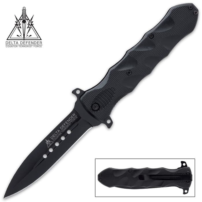 The Delta Defender Black Stiletto Knife has an all-black, non-reflective appearance perfect for covert ops