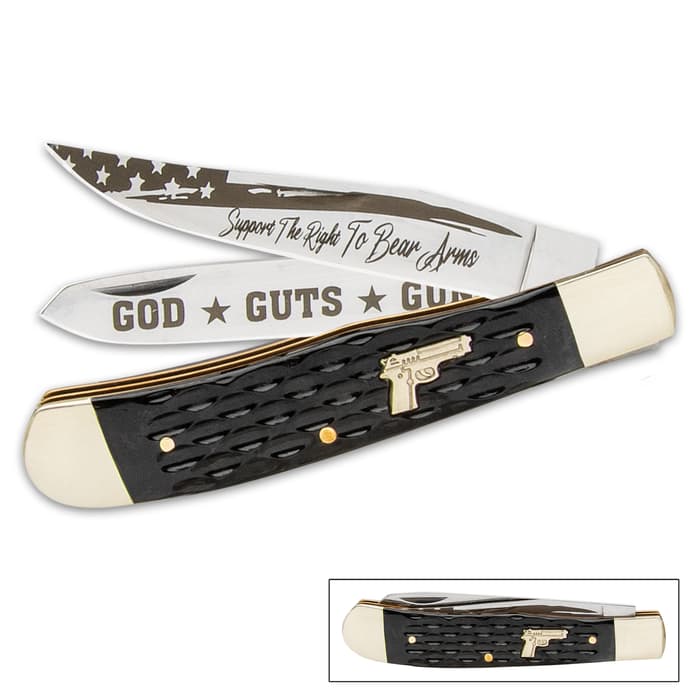 Second Amendment Trapper Pocket Knife - Stainless Steel Blades, Jigged Bone Handle, Nickel-Silver Bolsters - Closed 4”