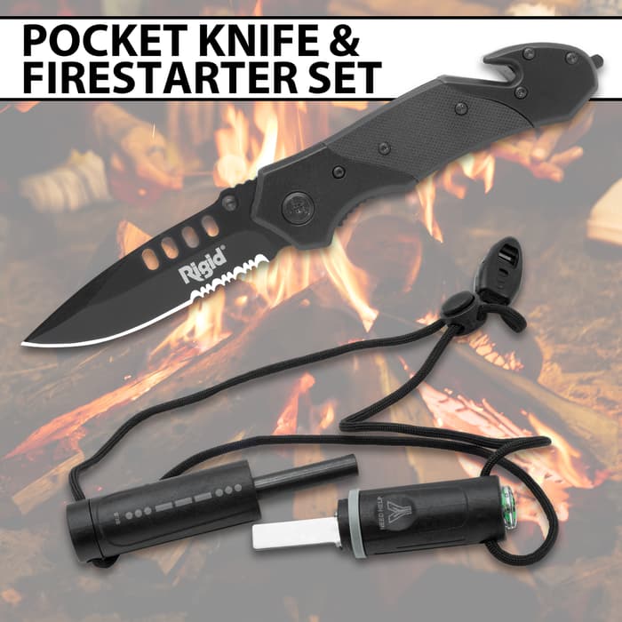 Different in use views of the Rigid Pocket Knife and Firestarter