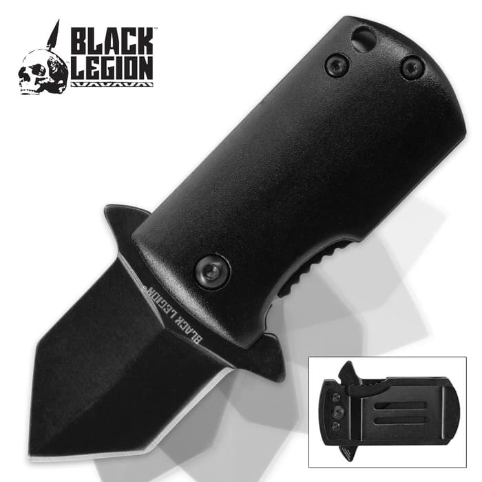Black Legion Covert Assisted Opening Pocket Knife has a black stainless steel blade and machined aluminum black handle.