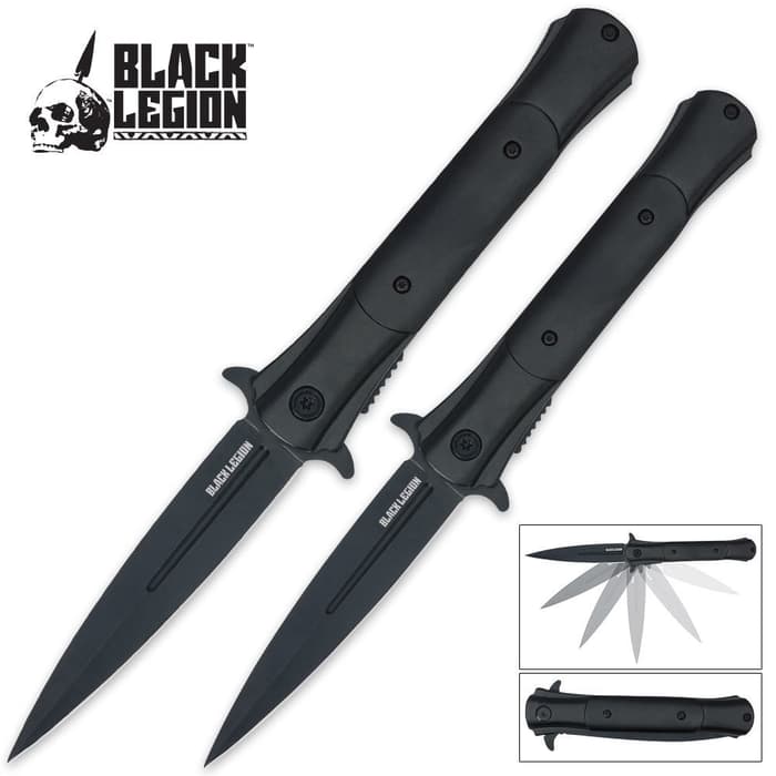 Black Legion Cyclone Assisted Open Stiletto Set includes a small and large knife, both with aluminum handles and stainless steel spear blades.