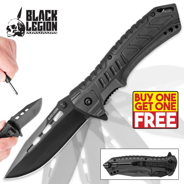 Black Legion Black Pocket Knife With Fire Starter - BOGO