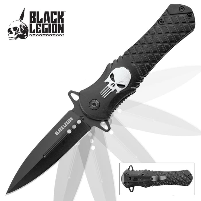 Black Legion Silver Skull Assisted Opening Pocket Knife has a skull on the black textured handle and a stainless steel blade.