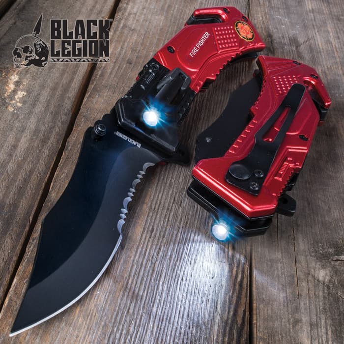 Black Legion Firefighter Everyday Carry Assisted Opening Knife shown with LED flashlight on the red and black handle made of aluminum.