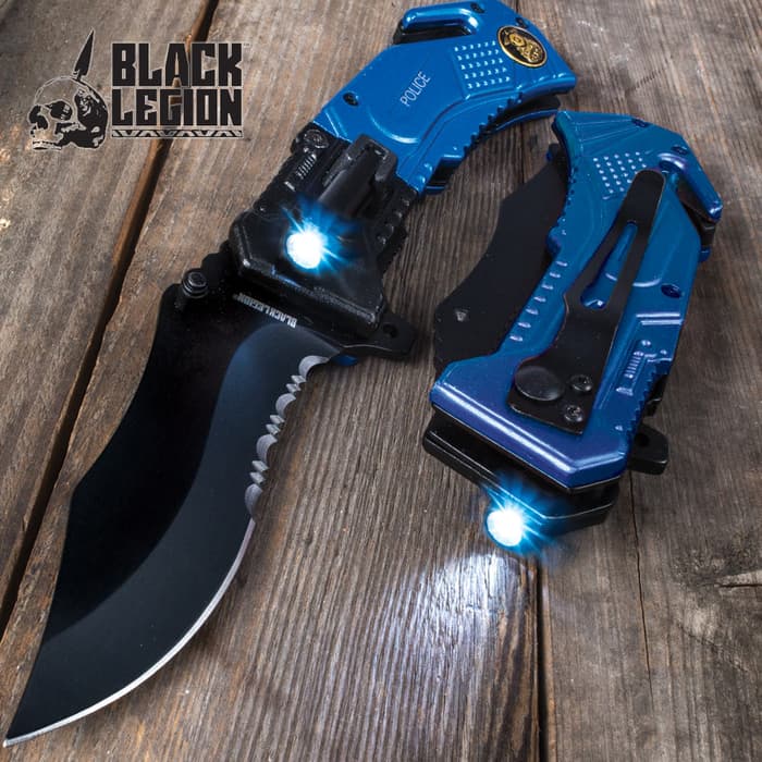 Black Legion Police Everyday Carry Assisted Opening Pocket Knife has a LED flashlight, black and blue aluminum handle, and 420 stainless steel blade.