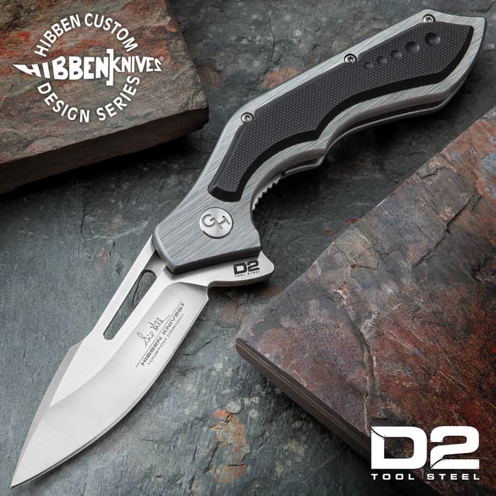 Hibben Hurricane D2 Pocket Knife - D2 Tool Steel Blade, CNC Machined, Ball Bearings, Black G10 Handle Scales