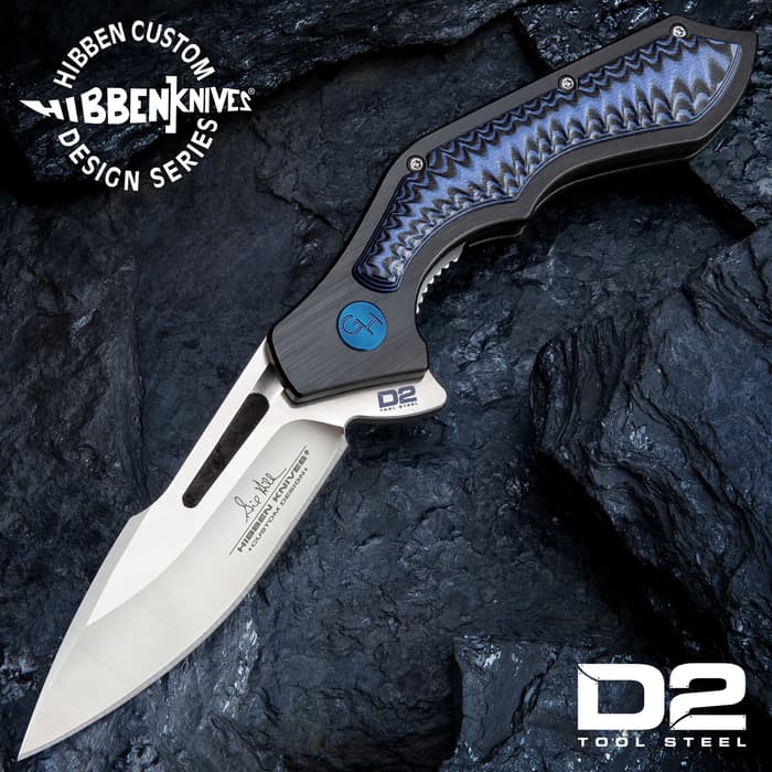 Hibben Hurricane D2 Pocket Knife - D2 Tool Steel Blade, CNC Machined, Ball Bearings, Blue And Black G10 Handle Scales