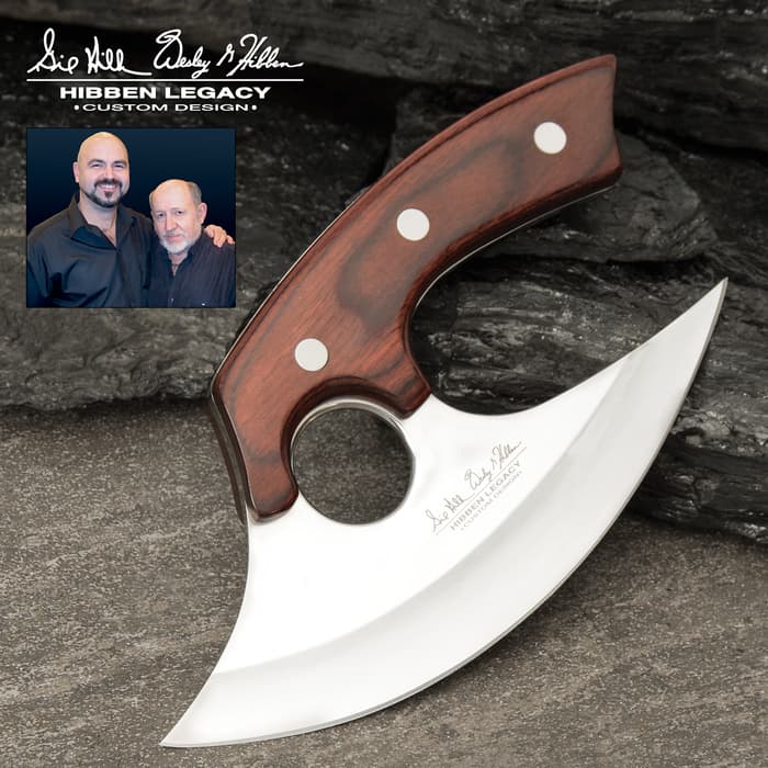 Hibben Legacy Bloodwood Ulu Knife And Leather Sheath - 5Cr15 Stainless Steel Blade, Wooden Handle Scales, Stainless Steel Pins - Length 7 5/8