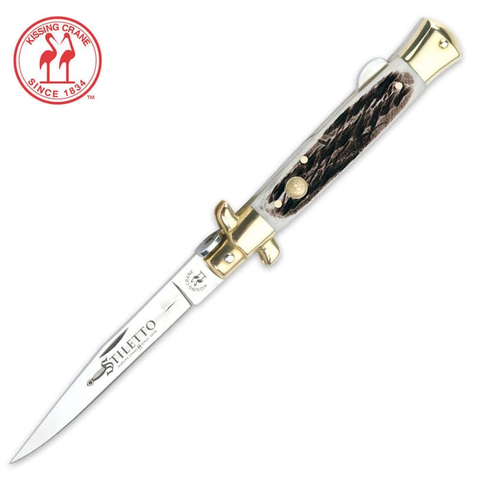 Kissing Crane Burnt Bone Composite Stiletto Pocket Knife has a stainless steel blade and burnt bone handle.
