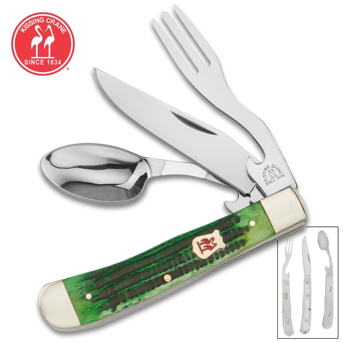 Kissing Crane Green Bone Camp Dining Tool - Genuine Jigged Bone, CrMoV17 Stainless Steel Utensils, Brass-Plated Bolsters, Separates Into Three Pieces - Closed Length 4 1/4"