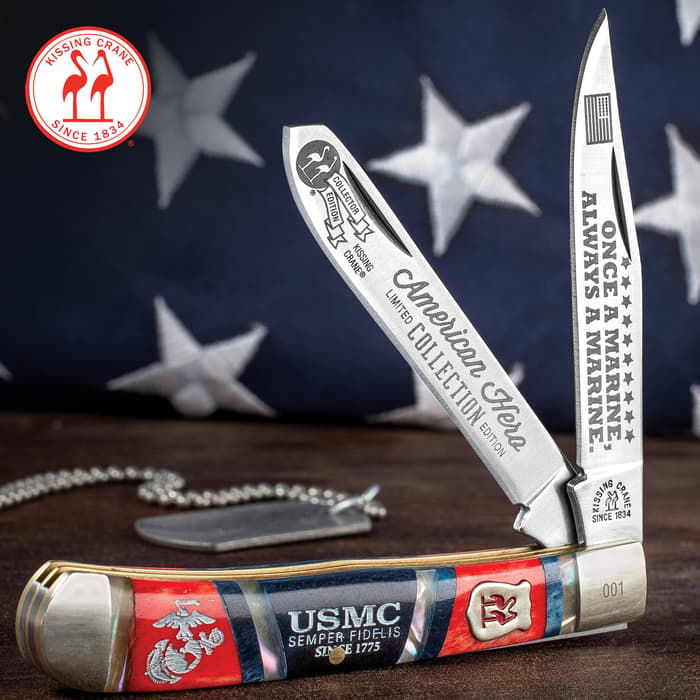 Kissing Crane USMC Dress Blues Trapper Pocket Knife - Stainless Steel Blades, Bone And Pearl Handle Scales, Nickel Silver Bolsters, Brass Liner