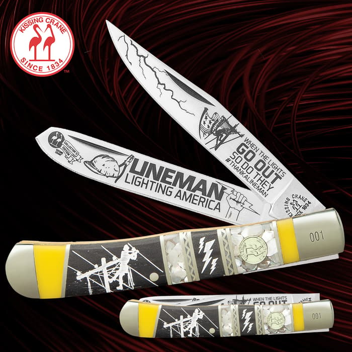 Kissing Crane Lineman II Trapper Pocket Knife - Stainless Steel Blades, Bone And Natural Exotics Handle Scales, Nickel Silver Bolsters, Brass Liner