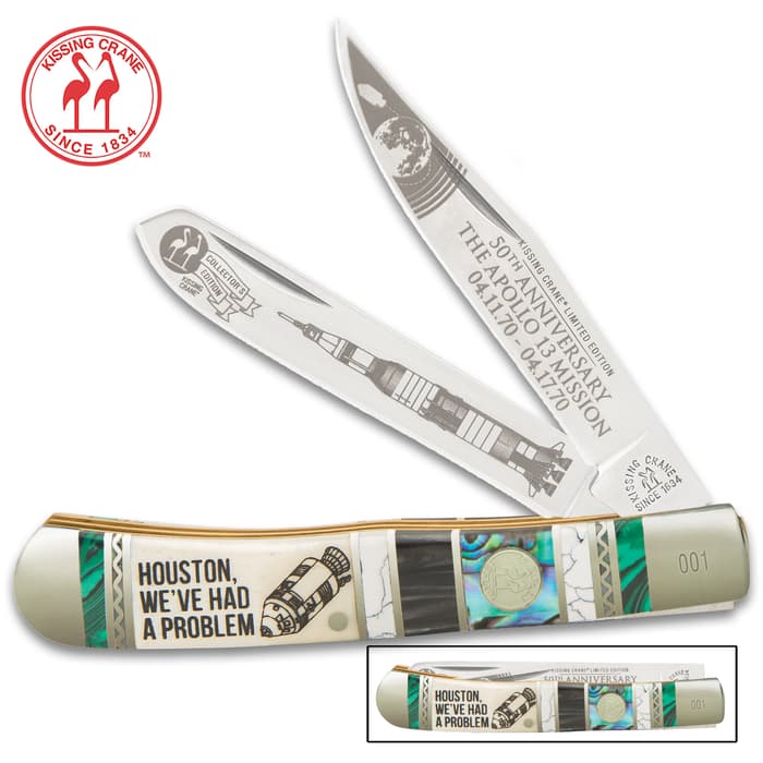 Kissing Crane Apollo 13 Trapper Pocket Knife - Stainless Steel Blades, Jewelry Stone And White Turquoise Handle, Etched Artwork