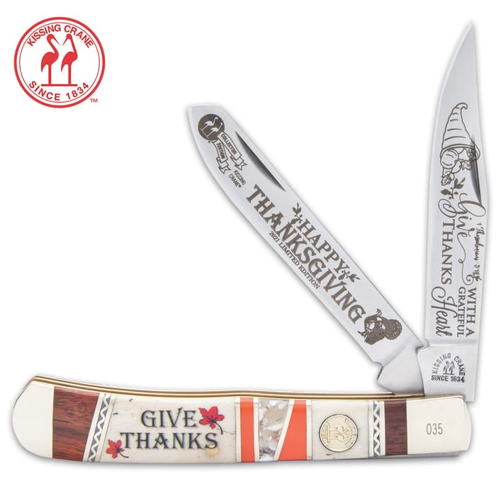 This limited edition 2021 Kissing Crane trapper celebrates the time to give thanks and it makes a great holiday collectible