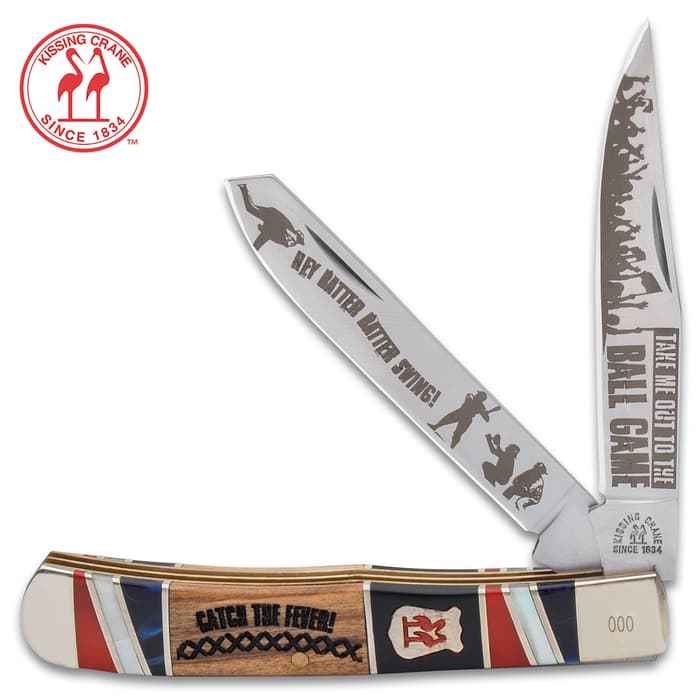 Kissing Crane Baseball Trapper Second Edition - Stainless Steel Blades, Wooden Handle Scales, Nickel Silver Bolsters, Brass Pins