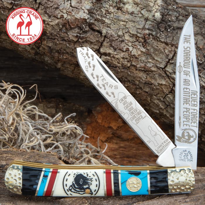 Kissing Crane 2021 Trail of Tears Trapper Knife - Stainless Steel Blades, Bone Handle Scales, Hammered Bolsters