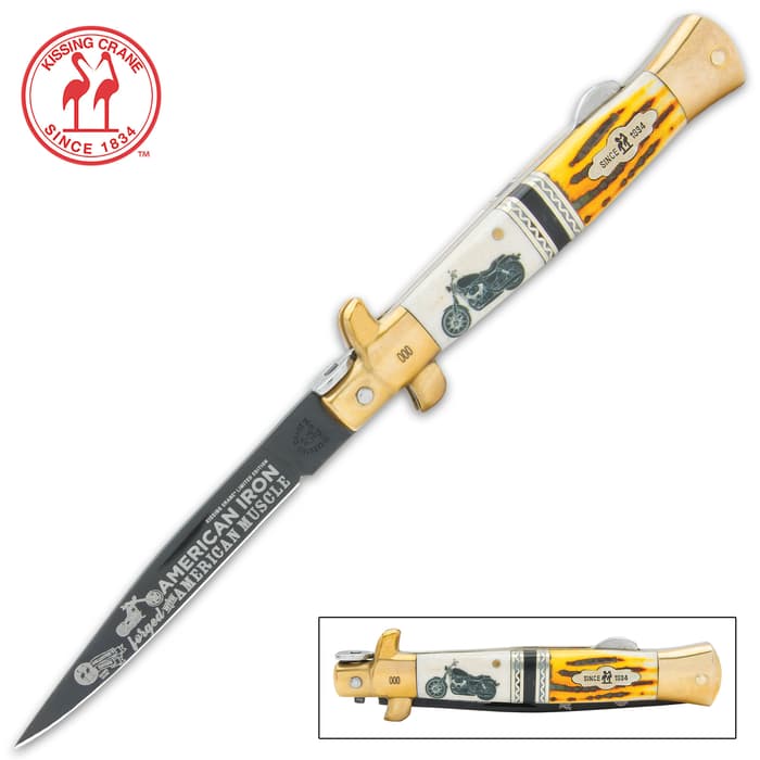 The Kissing Crane Motorcycle Stiletto Knife celebrates the proud history of these two-wheeled highway conquerors