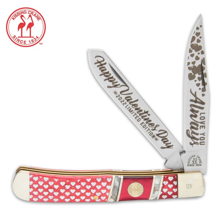 Kissing Crane 2022 Valentine’s Day Trapper - Stainless Steel Blades, Engraved Bone Handle Scales, Nickel Silver Bolsters