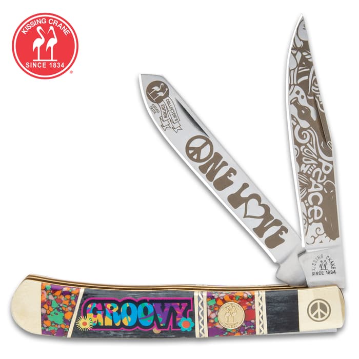 Kissing Crane Groovy Trapper Pocket Knife - Stainless Steel Blades, Bone And Acrylic Handle Scales, Nickel Silver Bolsters