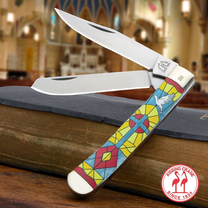Kissing Crane Stained Glass Trapper Pocket Knife - Stainless Steel Blades, Bone Handle Scales, Nickel Silver Bolsters