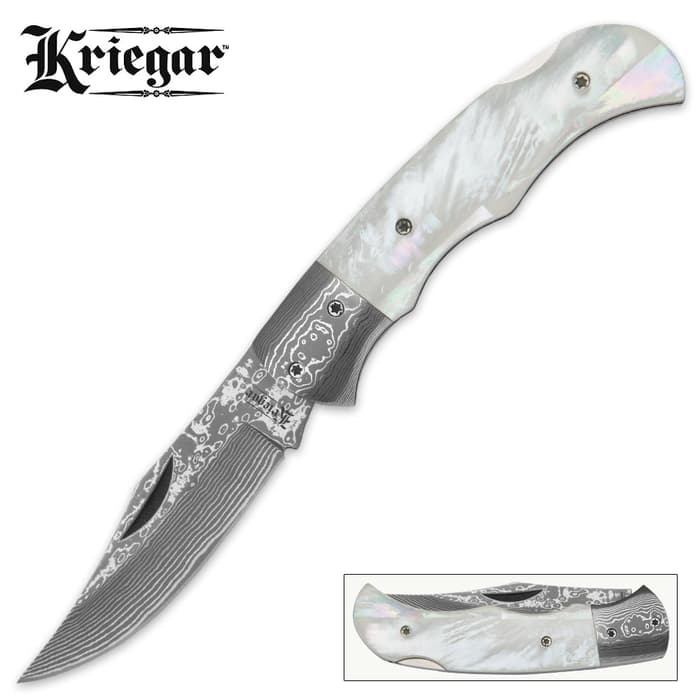 Kriegar Pearlescence Damascus Steel / Mother of Pearl Pocket Knife