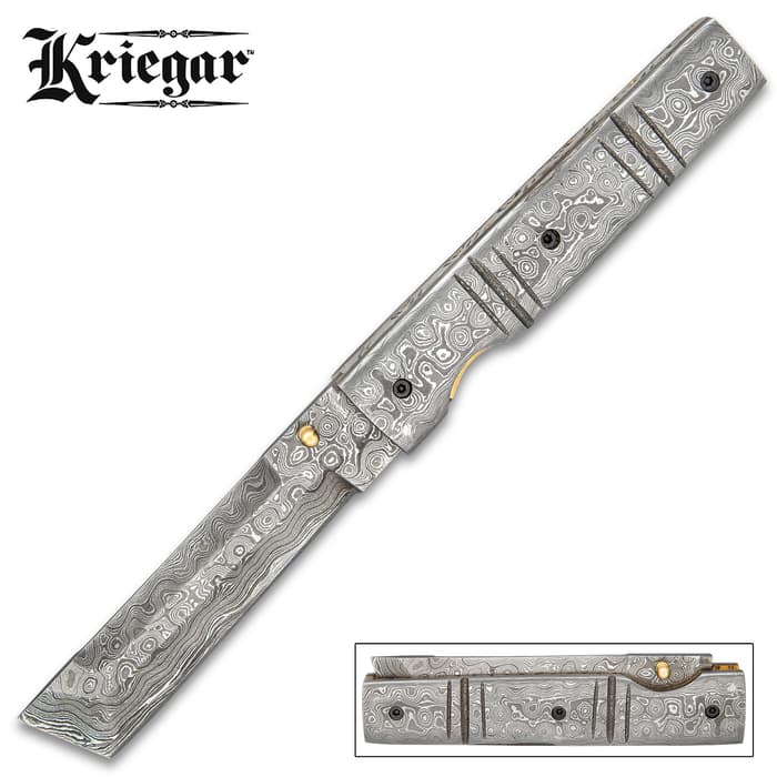 Kriegar Damascus Pocket Knife With Sheath - Damascus Steel Blade, Damascus Steel Handle, Brass And Fileworked Liners