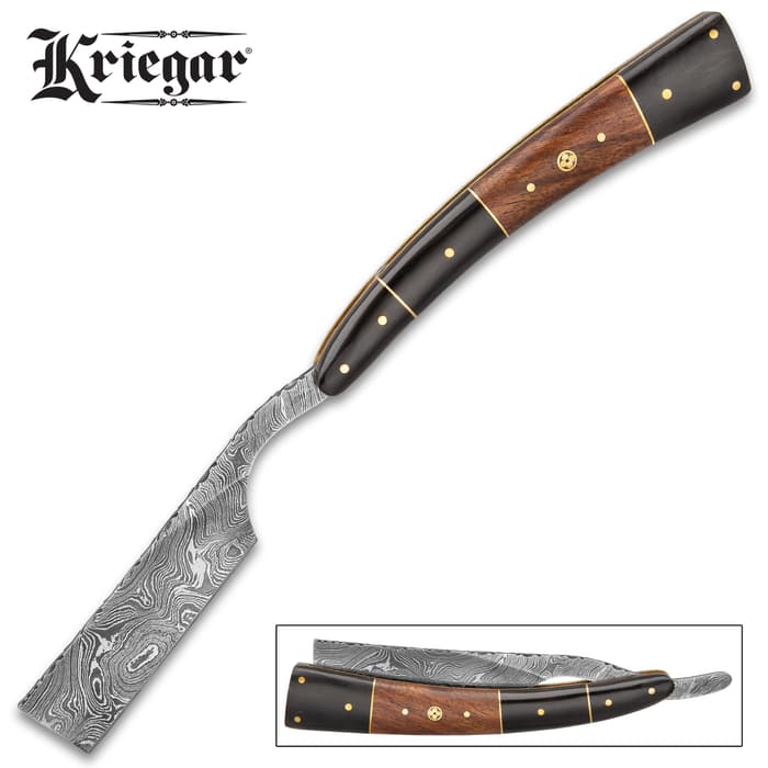 Kriegar Gentleman’s Wooden Pocket Razor Knife With Sheath - Damascus Steel Blade, Fileworked, Wooden Handle, Extended Tang